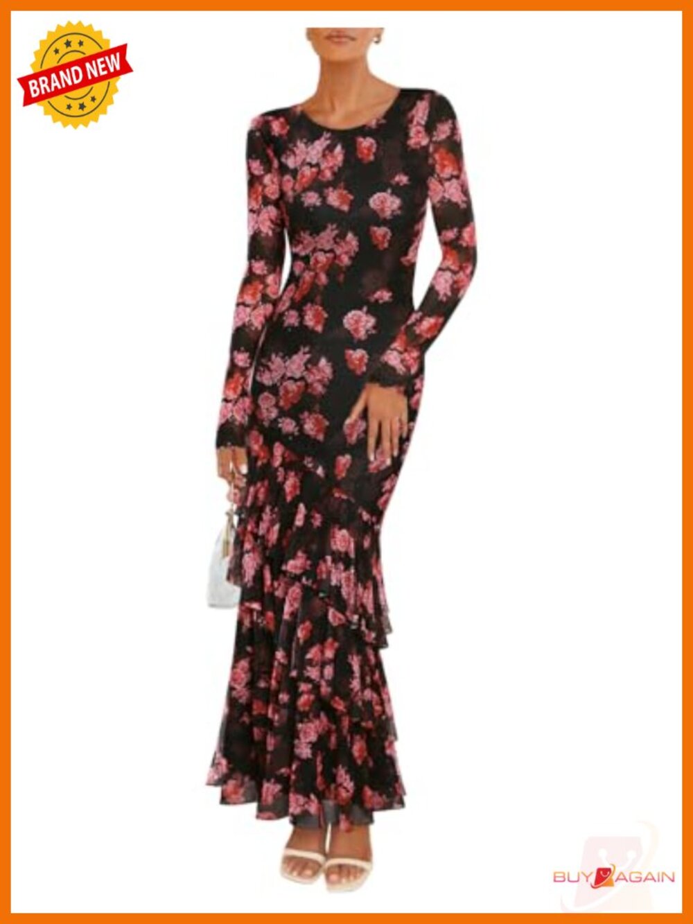Bodycon Maxi Dress Floral Mesh Long Sleeve Formal Wedding Guest